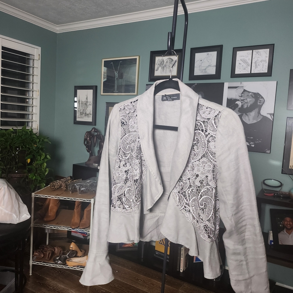 INC International Concepts Light Gray Lace-Panel Open Front Jacket